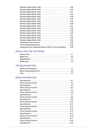 Page 3Standard Signal Mode Table  . . . . . . . . . . . . . . . . . . . . . . . . . . . . . . . .  3-29
Standard Signal Mode Table  . . . . . . . . . . . . . . . . . . . . . . . . . . . . . . . .  3-30
Standard Signal Mode Table  . . . . . . . . . . . . . . . . . . . . . . . . . . . . . . . .  3-31
Standard Signal Mode Table  . . . . . . . . . . . . . . . . . . . . . . . . . . . . . . . .  3-32
Standard Signal Mode Table  . . . . . . . . . . . . . . . . . . . . . . . . . . . . . . . .  3-33
Standard Signal...