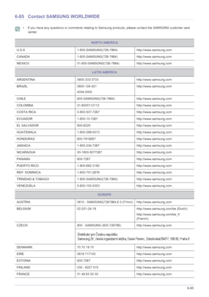 Page 197More Information6-85
6-85 Contact SAMSUNG WORLDWIDE
 • If you have any questions or comments relating to Samsung products, please contact the SAMSUNG customer care 
center.
 
NORTH AMERICA
U.S.A 1-800-SAMSUNG(726-7864) http://www.samsung.com
CANADA 1-800-SAMSUNG(726-7864)http://www.samsung.com
MEXICO 01-800-SAMSUNG(726-7864) http://www.samsung.com
LATIN AMERICA
ARGENTINA 0800-333-3733 http://www.samsung.com
BRAZIL 0800-124-421
4004-0000http://www.samsung.com
CHILE...