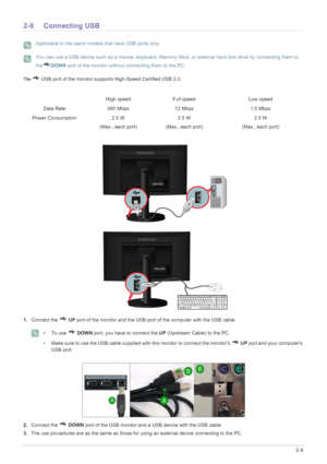 Page 29Installing the Product2-9
2-9 Connecting USB
 Applicable to the stand models that have USB ports only.  You can use a USB device such as a mouse, keyboard, Memory Stick, or external hard disk drive by connecting them to 
theDOWN port of the monitor without connecting them to the PC.
 
The  USB port of the monitor supports High-Speed Certified USB 2.0.
1.Connect the   UP port of the monitor and the USB port of the computer with the USB cable.
 
• To use   DOWN port, you have to connect the UP (Upstream...