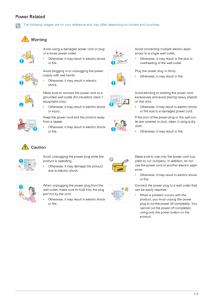 Page 7Major Safety Precautions1-3
Power Related
 The following images are for your reference and may differ depending on models and countries. 
 Warning
 Caution
Avoid using a damaged power cord or plug 
or a loose power outlet.
• Otherwise, it may result in electric shock 
or fire.Avoid connecting multiple electric appli-
ances to a single wall outlet.
• Otherwise, it may result in fire due to 
overheating of the wall outlet.
Avoid plugging in or unplugging the power 
supply with wet hands.
• Otherwise, it...