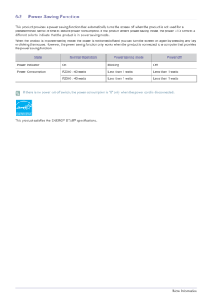 Page 406-2More Information
6-2 Power Saving Function
This product provides a power saving function that automatically turns the screen off when the product is not used for a 
predetermined period of time to reduce power consumption. If the product enters power saving mode, the power LED turns to a 
different color to indicate that the product is in power saving mode. 
When the product is in power saving mode, the power is not turned off and you can turn the screen on again by pressing any key 
or clicking the...