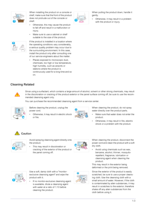 Page 9Major Safety Precautions1-3
Cleaning Related
 Caution
When installing the product on a console or 
shelf, make sure that the front of the product 
does not protrude out of the console or 
shelf.
• Otherwise, this may cause the product 
to fall off and result in a malfunction or 
injury.
• Make sure to use a cabinet or shelf 
suitable to the size of the product.When putting the product down, handle it 
gently. 
• Otherwise, it may result in a problem 
with the product or injury. 
If the product is...