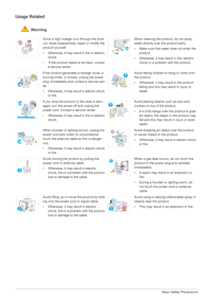 Page 101-3Major Safety Precautions
Usage Related
 Warning
Since a high voltage runs through the prod-
uct, never disassemble, repair or modify the 
product yourself.
• Otherwise, it may result in fire or electric 
shock.
•  If the product needs to be fixed, contact 
a service center.When cleaning the product, do not spray 
water directly over the product parts. 
• Make sure that water does not enter the 
product. 
• Otherwise, it may result in fire, electric 
shock or a problem with the product. 
If the product...