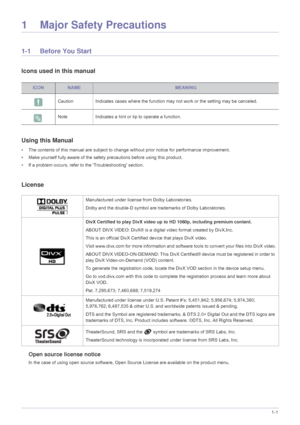 Page 3Major Safety Precautions1-1
1 Major Safety Precautions
1-1 Before You Start
Icons used in this manual
Using this Manual
• The contents of this manual are subject to change without prior notice for performance improvement.
• Make yourself fully aware of the safety  precautions before using this product.
• If a problem occurs, refer to the Troubleshooting section.
License
Open source license notice
In the case of using open source software, Open Source License are available on the product menu....