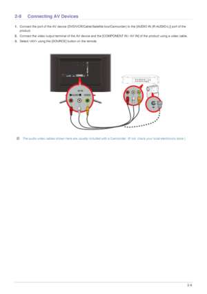 Page 23Installing the Product2-9
2-9 Connecting AV Devices
1.Connect the port of the AV device (DVD/VCR/Cable/Satellite box/Camcorder) to  the [AUDIO IN (R-AUDIO-L)] port of the 
product.
2. Connect the video output terminal of th e AV device and the [COMPONENT IN / AV IN] of the product using a video cable.
3. Select  using the [SOURCE] button on the remote.
 The audio-video cables shown here are usually included with a  Camcorder. (If not, check your local electronics store.) 
 