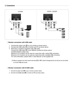 Page 4
English - 2
2. Connections
▒ Monitor connection with USB cable
1    Connect the power cord () to your monitor as shown above.2     Connect the USB cable () to monitor and PC as shown above.3     More than 2 monitors connection with USB cable.      Connect the USB cable () to two different monitors as shown above.       (LD220/LD220G models only)       Maximum of 4 monitors can be used at a same time with a serial USB conne\
ction.      Maximum of 6 monitors can be used at a same time with a parallel U\...