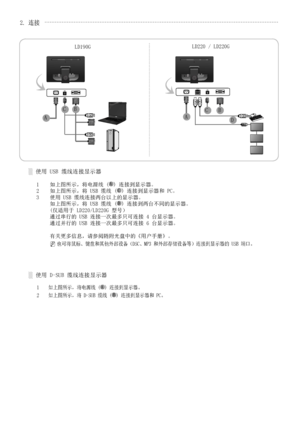 Page 10
中国语 - 2
2. 连接
使用 USB 缆线连接显示器░
1    如上图所示，将电源线 () 连接到显示器。2    如上图所示，将 USB 缆线 () 连接到显示器和 PC。3    使用 USB 缆线连接两台以上的显示器。     如上图所示，将 USB 缆线 () 连接到两台不同的显示器。      (仅适用于 LD220/LD220G 型号）      通过串行的 USB 连接一次最多只可连接 4 台显示器。     通过并行的 USB 连接一次最多只可连接 6 台显示器。           有关更多信息，请参阅随附光盘中的《用户手册》。
          N  也可将鼠标、键盘和其他外部设备（DSC、MP3 和外部存储设备等）连接到显示器的 USB 端口。
使用 D-SUB 缆线连接显示器░
1    如上图所示，将电源线 () 连接到显示器。
2    如上图所示，将 D-SUB 缆线 () 连接到显示器和 PC。
 IN OUT
 IN IN OUT
 IN
LD190GLD220 / LD220G
A
CBBCAD
A
D
C
A
B

BN68-02216B-00.indb...