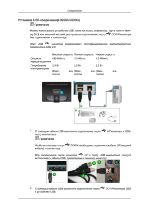 Page 26Установка USB-соединения{LD220/LD220G}
 Примечание
Можно  использовать устройства USB, такие как мышь, клавиатура, карта памяти Mem-
ory Stick или внешний жесткий диск путем их подключения к порту   
DOWN монитора
без подключения к компьютеру.
Порт  USB    монитора  поддерживает  сертифицированное  высокоскоростное
подключение USB 2.0.
Высокая скорость Полная скорость Низкая скорость
Скорость
передачи данных 480 Мбит/с 12 Мбит/с 1,5 Мбит/с
Потребление
электроэнергии 2,5 Вт
(Макс., 

все
порты) 2,5 Вт...