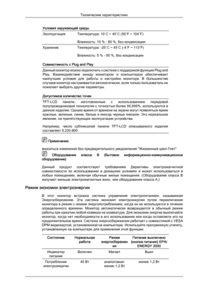 Page 57Условия окружающей среды
Эксплуатация
Температура: 10
˚C ~ 40˚C (50˚F ~ 104˚F)
Влажность: 10 % - 80 %, без конденсации Хранение
Температура: -20˚C ~ 45˚C (-4˚F ~ 113˚F)
Влажность: 5 % - 95 %, без конденсации
Совместимость с Plug and Play Данный монитор можно подключить к системе с поддержкой функции Plug and
Play. 
Взаимодействие  между  монитором  и  компьютером  обеспечивает
наилучшие  условия  для  работы  и  настройки  монитора.  В  большинстве
случаев монитор настраивается автоматически, если только...