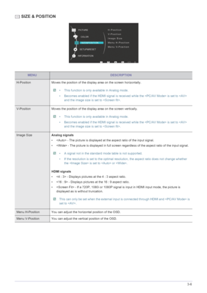 Page 31Using the product3-6
 SIZE & POSITION
MENUDESCRIPTION
H-Position Moves the position of the display area on the screen horizontally.
 • This function is only available in Analog mode.
• Becomes enabled if the HDMI signal is received while the  is set to  
and the image size is set to .
 
V-Position Moves the position of the display area on the screen vertically.
 • This function is only available in Analog mode.
• Becomes enabled if the HDMI signal is received while the  is set to  
and the image size is...