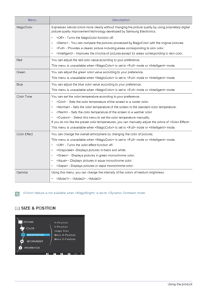 Page 343-7Using the product
  feature is not available when  is set to  mode . 
 SIZE & POSITION
MenuDescription
MagicColorExpresses natural colors more clearly without c hanging the picture quality by using proprietary digital 
picture quality improvement technology  developed by Samsung Electronics.
•  - Turns the MagicColor function off.
•  - You can compare the pictures processed by MagicColor with the original pictures.
•  - Provides a clearer picture including areas corresponding to skin color.
•  -...