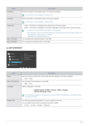 Page 35Using the product3-7
 SETUP&RESET
MenuDescription
H-PositionMoves the position of the di splay area on the screen horizontally.
 This function is only available in analog mode. 
V-PositionMoves the position of the di splay area on the screen vertically.
 This function is only available in analog mode. 
Image Size•  - The picture is displayed at the aspect ratio of the input signal.
•  - The picture is displayed in full screen r egardless of the aspect ratio of the input signal.
 • A signal not in the...