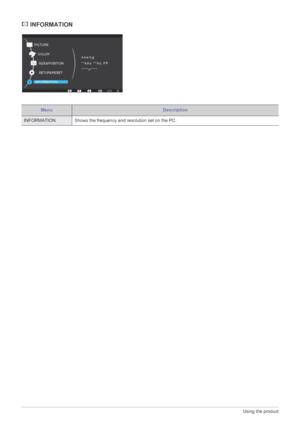 Page 363-7Using the product
 INFORMATION
MenuDescription
INFORMATION Shows the frequency and resolution set on the PC. 
 