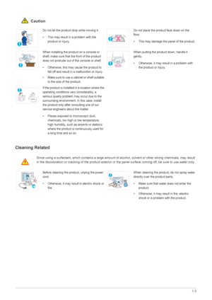 Page 7Major Safety Precautions1-3
 Caution
Cleaning Related
Do not let the product drop while moving it. 
• This may result in a problem with the  product or injury. Do not place the product face down on the 
floor.
• This may damage the panel of the product.
When installing the pro duct on a console or 
shelf, make sure that the front of the product 
does not protrude out of the console or shelf.
• Otherwise, this may  cause the product to 
fall off and result in a  malfunction or injury.
• Make sure to use a...