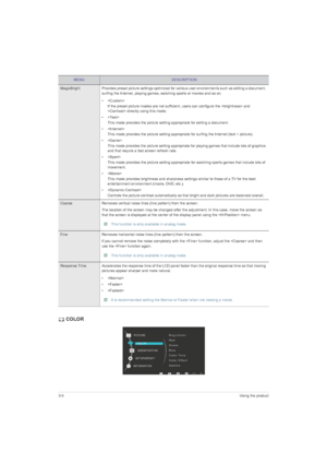 Page 283-5Using the product
 COLOR
MagicBright Provides preset picture settings optimized for various user environments such as editing a document, 
surfing the Internet, playing games, watching sports or movies and so on.
•
If the preset picture modes are not sufficient, users can configure the  and 
 directly using this mode.
• 
This mode provides the picture setting appropriate for editing a document.
• 
This mode provides the picture setting appropriate for surfing the Internet (text + picture).
•
This mode...