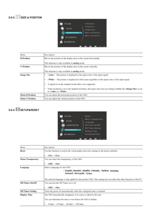 Page 183-5-3.   SIZE & POSITION
Menu Description
H-Position Moves the position of the display area on the screen horizontally.
This function is only available in 
analog mode.V-Position Moves the position of the display area on the screen vertically.
This function is only available in 
analog mode.Image Size • <
Auto> - The picture is displayed at the aspect ratio of the input signal.
•  - The picture is displayed in full screen regardless of the aspect rat\
io of the input signal.
• A signal not in the...