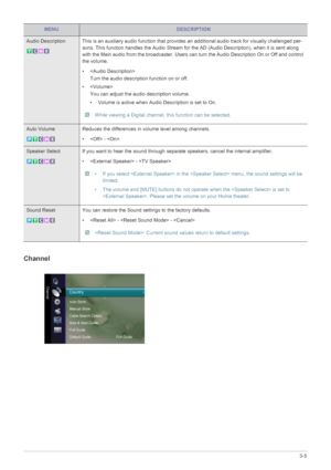 Page 43Using the Product3-5
Channel
Audio Description This is an auxiliary audio function that provides an additional audio track for visually challenged per-
sons. This function handles the Audio Stream for the AD (Audio Description), when it is sent along 
with the Main audio from the broadcaster. Users can turn the Audio Description On or Off and control 
the volume.
• 
Turn the audio description function on or off.
•
You can adjust the audio description volume.
• Volume is active when Audio Description is...