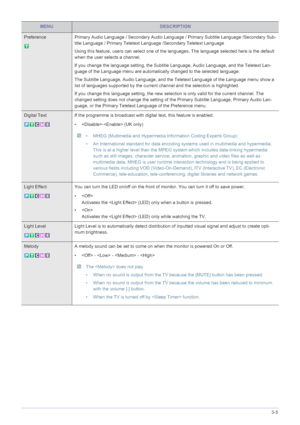 Page 51Using the Product3-5
Preference Primary Audio Language / Secondary Audio Language / Primary Subtitle Language /Secondary Sub-
title Language / Primary Teletext Language /Secondary Teletext Language
Using this feature, users can select one of the languages. The language selected here is the default 
when the user selects a channel.
If you change the language setting, the Subtitle Language, Audio Language, and the Teletext Lan-
guage of the Language menu are automatically changed to the selected language....