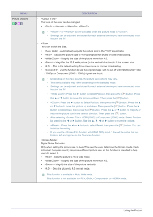 Page 403-5Using the Product
Picture Options • 
The tone of the color can be changed.
•  -  -  - 
 •  or  is only activated when the picture mode is .
• Settings can be adjusted and stored for each external device you have connected to an 
input of the TV.
 
• 
 You can switch the Size.
•  - Automatically adjusts the picture size to the 16:9 aspect ratio. 
•  - Adjusts the picture size to 16:9 appropriate for DVDs or wide broadcasting. 
•  - Magnify the size of the picture more than 4:3. 
•  - Magnifies the 16:9...