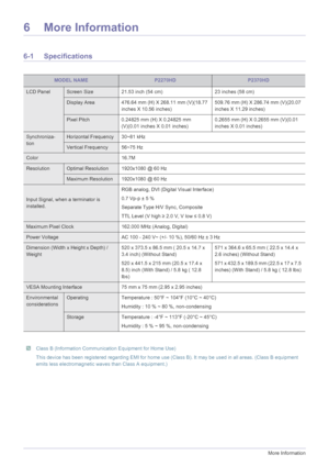 Page 666-1More Information
6 More Information
6-1 Specifications
 Class B (Information Communication Equipment for Home Use) 
This device has been registered regarding EMI for home use (Class B). It may be used in all areas. (Class B equipment 
emits less electromagnetic waves than Class A equipment.)
 
MODEL NAMEP2270HDP2370HD
LCD PanelScreen Size 21.53 inch (54 cm) 23 inches (58 cm)
Display Area 476.64 mm (H) X 268.11 mm (V)(18.77 
inches X 10.56 inches)509.76 mm (H) X 286.74 mm (V)(20.07 
inches X 11.29...