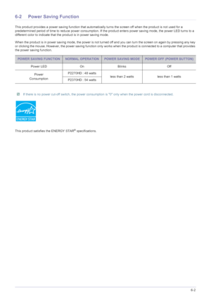 Page 67More Information6-2
6-2 Power Saving Function
This product provides a power saving function that automatically turns the screen off when the product is not used for a 
predetermined period of time to reduce power consumption. If the product enters power saving mode, the power LED turns to a 
different color to indicate that the product is in power saving mode. 
When the product is in power saving mode, the power is not turned off and you can turn the screen on again by pressing any key 
or clicking the...