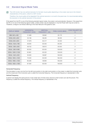 Page 223-2Using the product
3-2 Standard Signal Mode Table
 The LCD monitor has one optimal resolution for the best visual quality depending on the screen size due to the inherent 
characteristics of the panel, unlike for a CDT monitor.
Therefore, the visual quality will be degraded if the optimal resolution is not set for the panel size. It is recommended setting 
the resolution to the optimal resolution of the product.
 
If the signal from the PC is one of the following standard signal modes, the screen is...