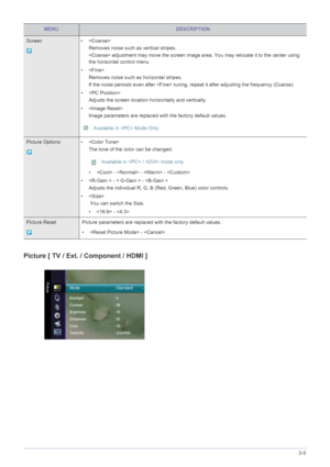 Page 35Using the Product3-5
Picture [ TV / Ext. / Component / HDMI ] 
Screen • 
Removes noise such as vertical stripes.
 adjustment may move the screen image area. You may relocate it to the center using 
the horizontal control menu
•
Removes noise such as horizontal stripes.
If the noise persists even after  tuning, repeat it after adjusting the frequency (Coarse).
• 
Adjusts the screen location horizontally and vertically.
• 
Image parameters are replaced with the factory default values.
 Available in  Mode...
