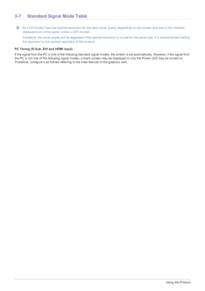 Page 563-7Using the Product
3-7 Standard Signal Mode Table
 An LCD monitor has one optimal resolution for the best visual quality depending on the screen size due to the inherent 
characteristics of the panel, unlike a CDT monitor.
Therefore, the visual quality will be degraded if the optimal resolution is not set for the panel size. It is recommended setting 
the resolution to the optimal resolution of the product.
 
PC Timing (D-Sub, DVI and HDMI input)
If the signal from the PC is one of the following...