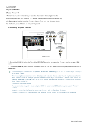 Page 503-5Using the Product
Application
Anynet+ (HDMI-CEC)
What is ?
 is a function that enables you to control all connected Samsung devices that 
support  with your Samsung TV‘s remote. The  system can be used only 
with Samsung devices that have the  feature. To be sure your Samsung device 
has this feature, check if there is an  logo on it.
Connecting Anynet+ Devices
1. Connect the [HDMI IN] jack on the TV and the HDMI OUT jack of the corresponding  device using an HDMI 
cable.
2. Connect the [HDMI IN] jack...