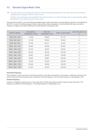 Page 203-2Using the product
3-2 Standard Signal Mode Table
 The LCD monitor has one optimal resolution for the best visual quality depending on the screen size due to the inherent 
characteristics of the panel, unlike for a CDT monitor.
Therefore, the visual quality will be degraded if the optimal resolution is not set for the panel size. It is recommended setting 
the resolution to the optimal resolution of the product.
 
If the signal from the PC is one of the following standard signal modes, the screen is...