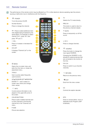 Page 303-3Using the Product
3-3 Remote Control
 The performance of the remote control may be affected by a TV or other electronic device operating near the product, 
causing a malfunction due to interference with the frequency.
 
 POWER
Turns the product On/Off.TV
Selects the TV mode directly.
Number Buttons
Press to change the channel.PRE-CH
This button is used to return to 
the previous channel viewed.
 : Press to select additional chan-
nels (digital) being broadcast by the 
same station. For example, to...