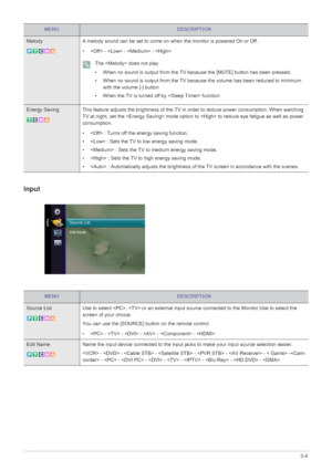 Page 45Using the Product3-4
Input
Melody  A melody sound can be set to come on when the monitor is powered On or Off. 
•  -  -  - 
 The  does not play
• When no sound is output from the TV because the [MUTE] button has been pressed.
• When no sound is output from the TV because the volume has been reduced to minimum 
with the volume [-] button
• When the TV is turned off by  function
 
Energy Saving  This feature adjusts the brightness of the TV in order to reduce power consumption. When watching 
TV at night,...