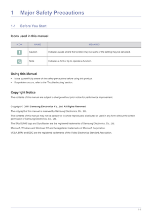 Page 3Major Safety Precautions1-1
1 Major Safety Precautions
1-1 Before You Start
Icons used in this manual
Using this Manual
• Make yourself fully aware of the safety precautions before using this product.
• If a problem occurs, refer to the Troubleshooting section.
Copyright Notice
The contents of this manual are subject to change without prior notice for performance improvement.
 
Copyright ©  2011 Samsung Electronics Co., Ltd. All Rights Reserved.
The copyright of this manual is reserved by Samsung...