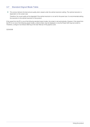 Page 253-7Using the product
3-7 Standard Signal Mode Table
 This product delivers the best picture quality when viewed under the optimal resolution setting. The optimal resolution is 
dependent on the screen size.
Therefore, the visual quality will be degraded if the optimal resolution is not set for the panel size. It is recommended setti ng 
the resolution to the optimal resolution of the product.
 
If the signal from the PC is one of the following standard signal  modes, the screen is set automatically....