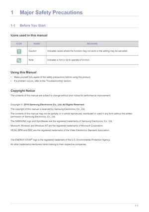 Page 4Major Safety Precautions1-1
1 Major Safety Precautions
1-1 Before You Start
Icons used in this manual
Using this Manual
• Make yourself fully aware of the safety precautions before using this product.
• If a problem occurs, refer to the Troubleshooting section.
Copyright Notice
The contents of this manual are subject to cha nge without prior notice for performance improvement.
 
Copyright ©   2010 Samsung Electronics Co., Ltd. All Rights Reserved.
The copyright of this manual is reserved by Samsung...