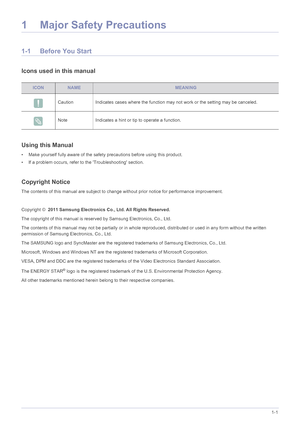 Page 3Major Safety Precautions1-1
1 Major Safety Precautions
1-1 Before You Start
Icons used in this manual
Using this Manual
• Make yourself fully aware of the safety precautions before using this product.
• If a problem occurs, refer to the Troubleshooting section.
Copyright Notice
The contents of this manual are subject to cha nge without prior notice for performance improvement.
 
Copyright ©   2011 Samsung Electronics Co., Ltd. All Rights Reserved.
The copyright of this manual is reserved by Samsung...