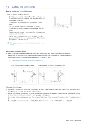 Page 41-2Major Safety Precautions
1-2 Custody and Maintenance
External Surface and Screen Maintenance
Securing the Installation Space
• Keep the required distances between the product and other objects (e.g. walls) to ensure proper ventilation.
Failing to do so may result in fire or a problem with t he product due to an increase in the internal temperature.
Install the product so the required dist ances shown in the figure are kept.
 The appearance may differ depending on the product.
 
About persistent...