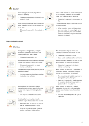 Page 8Major Safety Precautions1-4
 Caution
Installation Related 
 Warning
Avoid unplugging the power plug while the 
product is operating.
• Otherwise, it may damage the product due 
to electric shock.Make sure to use only the power cord supplied 
by our company. In addition, do not use the 
power cord of another electric appliance. 
• Otherwise, it may result in electric shock or fire. 
When unplugging the power plug from the wall 
outlet, make sure to hold  it by the plug and not 
by the cord. 
• Otherwise,...