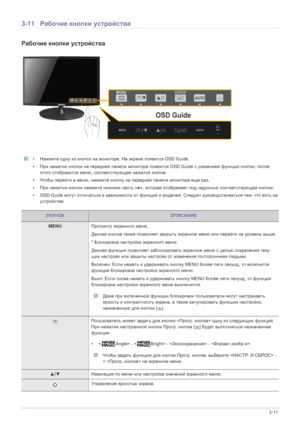 Page 34Использование устройства 3-11
3-11Рабочие  кнопки устройства
Рабочие  кнопки  устройства
 • Нажмите  одну  из кнопок  на  мониторе . На  экране  появится  OSD Guide.
• При  нажатии  кнопки  на  передней  панели  монитора  появится  OSD Guide  с указанием  функции  кнопки , после  
этого  отобразится  меню, соответствующее  нажатой  кнопке. 
• Чтобы  перейти  в  меню , нажмите  кнопку  на  передней  панели  монитора  еще  раз. 
• При  нажатии  кнопки  нажмите  нижнюю  часть « ●»,  которая  отображает  под...