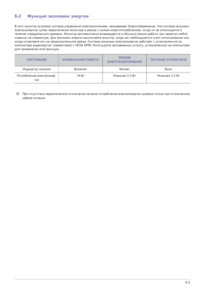 Page 54Дополнительная информация 6-2
6-2Функция  экономии  энергии
В этот  монитор  встроена  система  управления  электропитанием , называемая  Энергосбережение . Эта  система  экономит  
электроэнергию  путем  переключения  монитора  в режим  с  низким  энергопотреблением , когда он  не  используется  в  
течение  определенного  времени . Монитор  автоматически  возвращается  в  обычный  режим  работы  при  нажатии  любой  
клавиши  на  клавиатуре . Для  экономии  энергии  выключайте  монитор , когда  нет...