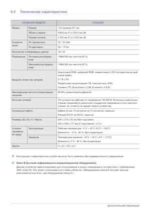 Page 556-3Дополнительная информация
6-3 Технические  характеристики
 Конструкция  и  характеристики  устройства  могут  быть  изменены  без  предварительного  уведомления .  Класс B (бытовое  информационно -коммуникационное  оборудование )
Данное  устройство  зарегистрировано  для  использования  в жилых  помещениях  в  соответствии  с  требованиями  
ЭМС  (класс  B). Оно  может  использоваться  в  любых  областях . (Оборудование  класса  B излучает  меньше  
электромагнитных  волн, чем  оборудование  класса...