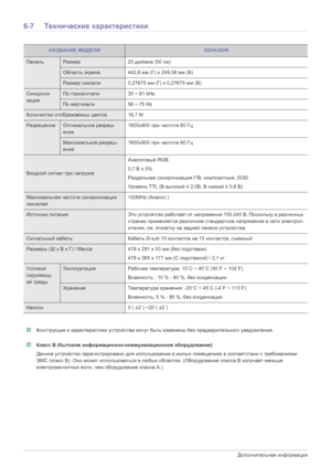 Page 596-7Дополнительная информация
6-7 Технические  характеристики
 Конструкция  и  характеристики  устройства  могут  быть  изменены  без  предварительного  уведомления .  Класс B (бытовое  информационно -коммуникационное  оборудование )
Данное  устройство  зарегистрировано  для  использования  в жилых  помещениях  в  соответствии  с  требованиями  
ЭМС  (класс  B). Оно  может  использоваться  в  любых  областях . (Оборудование  класса  B излучает  меньше  
электромагнитных  волн, чем  оборудование  класса...