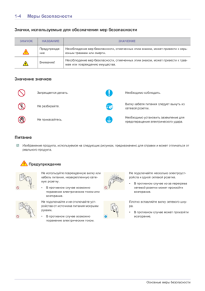 Page 71-4Основные меры  безопасности
1-4 Меры  безопасности
Значки , используемые  для обозначения  мер  безопасности
Значение  значков
Питание
 Изображение  продукта , используемое  на  следующих  рисунках , предназначено  для  справки  и  может  отличаться  от  
реального  продукта .
 
Предупреждение
ЗНАЧОКНАЗВАНИЕЗНАЧЕНИЕ
Предупрежде-
ние Несоблюдение
 мер  безопасности , отмеченных  этим  знаком , может  привести  к  серь -
езным  травмам  или смерти .
Внимание !Несоблюдение
 мер  безопасности , отмеченных...