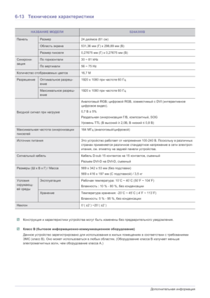 Page 656-13Дополнительная информация
6-13 Технические  характеристики
 Конструкция  и  характеристики  устройства  могут  быть  изменены  без  предварительного  уведомления .  Класс B (бытовое  информационно -коммуникационное  оборудование )
Данное  устройство  зарегистрировано  для  использования  в жилых  помещениях  в  соответствии  с  требованиями  
ЭМС  (класс  B). Оно  может  использоваться  в  любых  областях . (Оборудование  класса  B излучает  меньше  
электромагнитных  волн, чем  оборудование  класса...