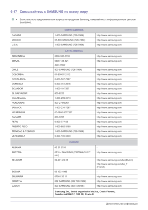 Page 696-17Дополнительная информация
6-17 Связывайтесь  с SAMSUNG по всему  миру
 • Если  у вас  есть  предложения  или  вопросы  по  продуктам  Samsung,  связывайтесь  с  информационным  центром  
SAMSUNG.
 
NORTH AMERICA
CANADA 1-800-SAMSUNG (726-7864)http://www.samsung.com
MEXICO 01-800-SAMSUNG (726-7864)http://www.samsung.com
U.S.A 1-800-SAMSUNG (726-7864)http://www.samsung.com
LATIN AMERICA
ARGENTINA 0800-333-3733http://www.samsung.com
BRAZIL 0800-124-421
4004-0000 http://www.samsung.com
CHILE 800-SAMSUNG...