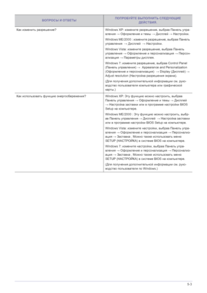 Page 41Диагностика5-3
Как изменить разрешение? Windows XP: измените разрешение, выбрав Панель упра-
вления → Оформление и темы → Дисплей → Настройки. 
Windows ME/2000 : измените разрешение, выбрав Панель 
управления  → Дисплей  → Настройки. 
Windows Vista: измените разрешение, выбрав Панель 
управления → Оформление и персонализация → Персон-
ализация → Параметры дисплея.
Windows 7: измените разрешение, выбрав Control Panel 
(Панель управления) →  Appearance and Personalization 
(Оформление 
и персонализация)  →...