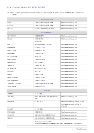 Page 846-25More Information
6-25 Contact SAMSUNG WORLDWIDE
 •If you have any questions or comments relating to Samsung products, please contact the SAMSUNG customer care 
center.
 
NORTH AMERICA
U.S.A 1-800-SAMSUNG (726-7864) http://www.samsung.com
CANADA 1-800-SAMSUNG (726-7864) http://www.samsung.com
MEXICO 01-800-SAMSUNG (726-7864) http://www.samsung.com
LATIN AMERICA
ARGENTINA 0800-333-3733 http://www.samsung.com
BRAZIL 0800-124-421
4004-0000http://www.samsung.com
CHILE 800-SAMSUNG (726-7864)...