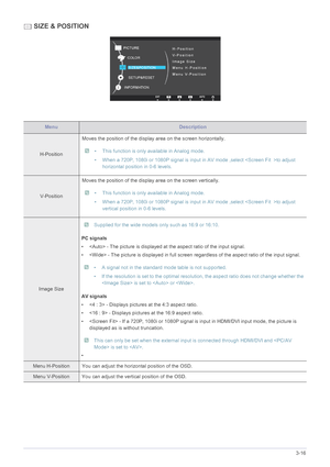 Page 49Using the product3-16
 SIZE & POSITION
MenuDescription
H-PositionMoves the position of the display area on the screen horizontally.
 • This function is only available in Analog mode.
• When a 720P, 1080i or 1080P signal is input in AV mode ,select to adjust 
horizontal position in 0-6 levels.
 
V-PositionMoves the position of the display area on the screen vertically.
 • This function is only available in Analog mode.
• When a 720P, 1080i or 1080P signal is input in AV mode ,select to adjust 
vertical...