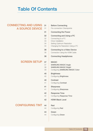 Page 15Table Of Contents
Table Of Contents15
CONNECTING AND USING
A SOURCE DEVICE
31 Before Connecting
31 Pre-connection Checkpoints
31 Connecting the Power
32 Connecting and Using a PC
32 Connecting to a PC
33 Driver Installation
34 Setting Optimum Resolution
34 Changing the Resolution Using a PC
36 Connecting to a Video Device
36 Connection Using the HDMI Cable
36 Connecting Headphones
SCREEN SETUP37 MAGIC
37 SAMSUNG MAGIC Angle
38 SAMSUNG MAGIC Bright
39 Configuring  SAMSUNG MAGIC Color
40 Brightness
40...