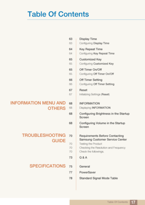 Page 17Table Of Contents
Table Of Contents17
63 Display Time
63 Configuring Display Time
64 Key Repeat Time 
64 Configuring Key Repeat Time
65 Customized Key
65 Configuring Customized Key 
65 Off Timer On/Off 
65 Configuring  Off Timer On/Off
66 Off Timer Setting 
66 Configuring Off Timer Setting
67 Reset
67 Initializing Settings ( Reset)
INFORMATION MENU AND
OTHERS68 INFORMATION
68 Displaying INFORMATION
68 Configuring Brightne ss in the Startup 
Screen
68 Configuring Volume  in the Startup 
Screen...